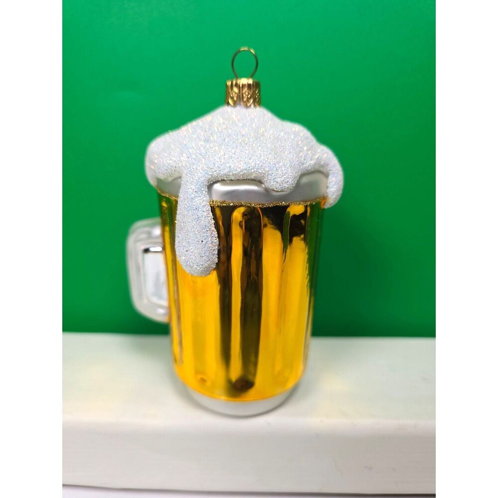 Impuls Poland Glass Beer Mug Christmas Ornament Hand Blown Stein W/Box Gold Y2K